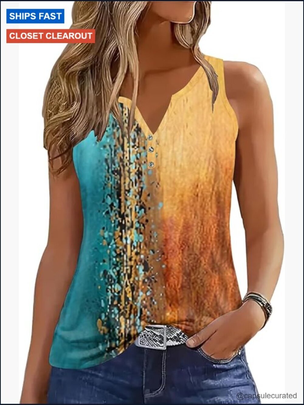 Womens V Neck Tank Top Sleeveless Button Down Blouse Loose Fit